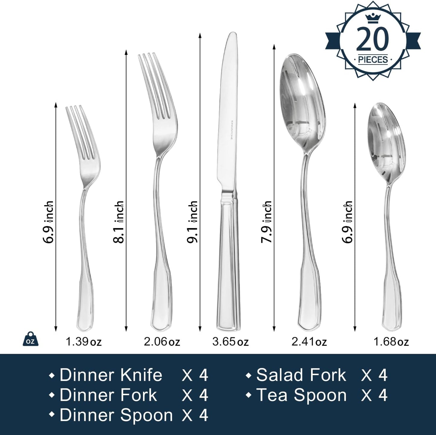 KINGSTONE 20-Piece Silverware Set, 18/10 Stainless Steel Flatware Set for 4, Tableware Cutlery Set, Utensil Sets for Home Restaurant, Mirror Finish, Dishwasher Safe