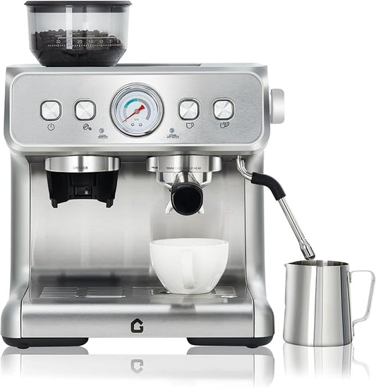 Garvee 20 Bar Pressure Stainless Steel Espresso Machine with Grinder, 2.8L Removable Water Tank, Milk Frother Steam Wand for Latte/Cappuccino - Adjustable Shot Volume, Professional Home/Office Use