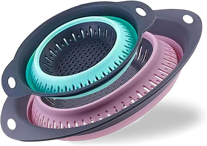 Collapsible Colander Set, Square Round Triangles Silicone Kitchen Strainer Perfect for Draining Pasta Vegetable fruit 2 PCS (Green & Red, 12"L x 9.5"W x 2.3"H)