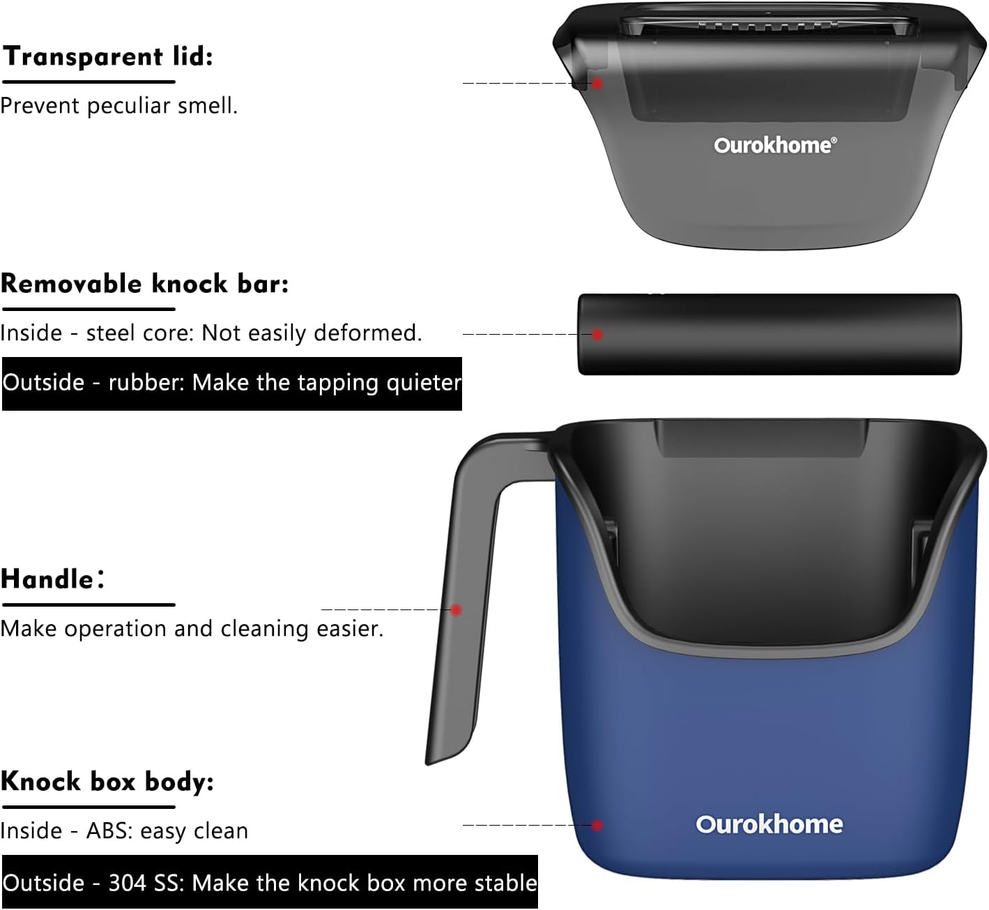 Ourokhome Knock Box Espresso Accessories, The Latest Patented Stainless Steel Espresso Machine Tool for Coffee Ground with Removable Knock Bar, Handle and Lid, Dishwasher safe, 4.8 inch (Deep Blue)