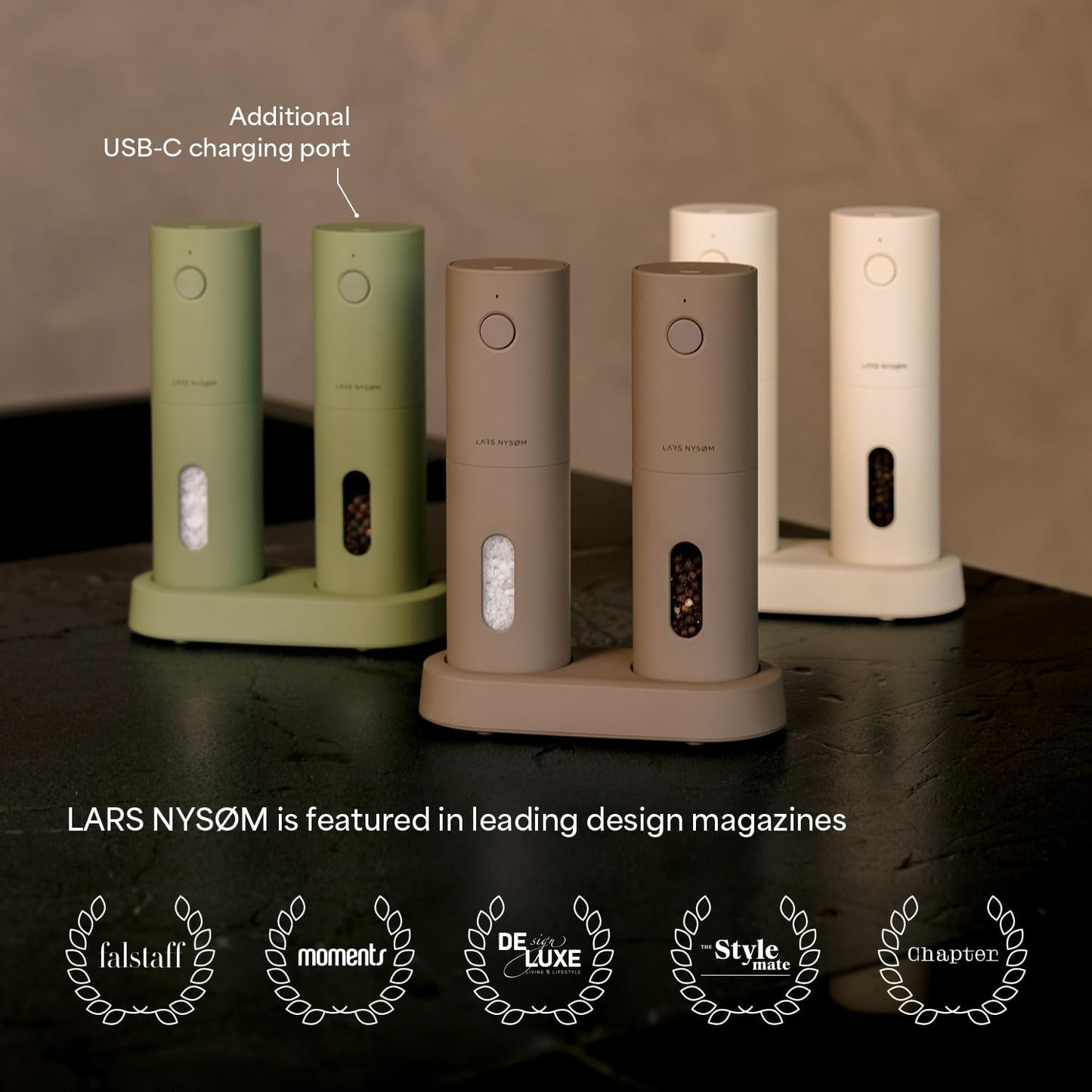 LARS NYSØM Electric Salt and Pepper Grinder Set, USB Rechargeable, Automatic Salt and Pepper Mills, Spice Shakers Refillable with LED Light, Adjustable Coarseness, Ceramic Grinder (Carbon Black)