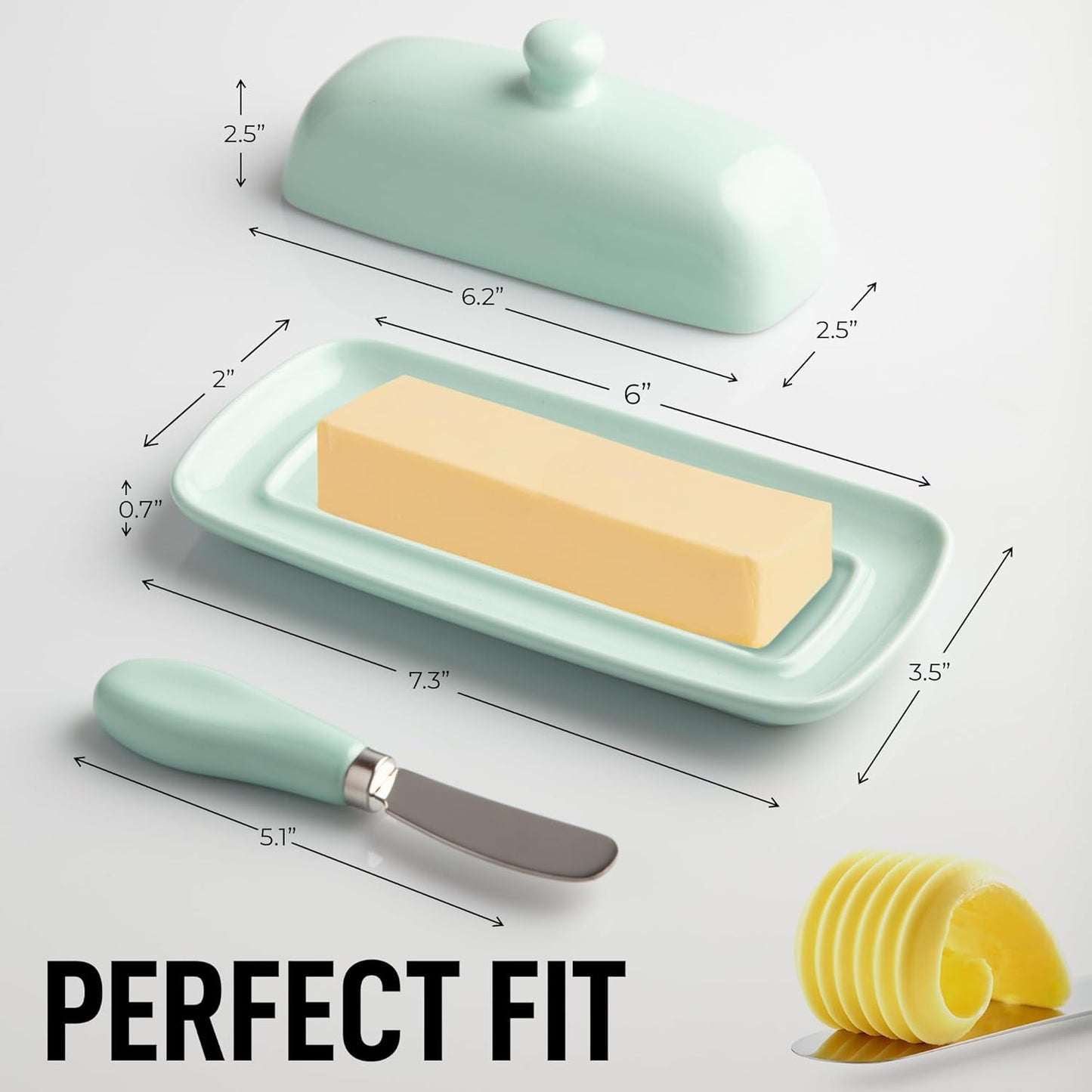 Zulay Butter Dish With Lid For Countertop - Porcelain White, Ceramic Butter Dish with Knob Handle Great for Cooking - Elegant Design Butter Holder - Durable & Sturdy Butter Keeper - Mint