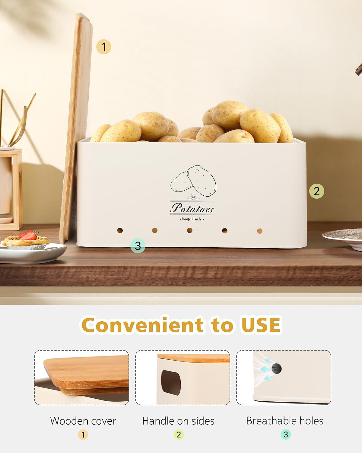 Kitchen Vegetable Storage Tins Set of 3 for Potatoes, Onion, Garlic, Vegetable Storage Containers with Ventilation and Bamboo cover, White metal material, Potato and Onion bin for Pantry