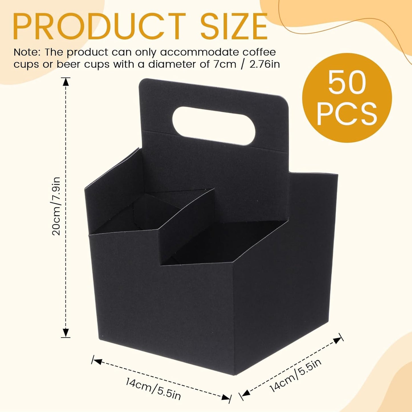 Jetec 4 Cup Drink Carrier with Handle, Kraft Paperboard Beer Carrier, Disposable Drink Holder for Hot or Cold Drinks, 12-16 oz Bottle Holder for Soda and Other Bottled Products(50 Pcs,Black)