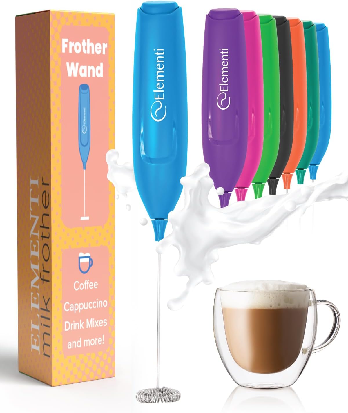 Elementi Powerful Frother Wand – Lightweight Milk Frother & Drink Mixer Handheld, Matcha Whisk for Dreamy Lattes, Powerful Coffee Mixer Wand & Blender Stirrer - Make Creamy Cappuccinos (Electric Blue)