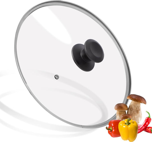 12 inch Tempered Glass Lid for Pots, Frying Pans and Skillets, Replacement Cover with Heat Resistant Black Knob Handle, Dishwasher Safe