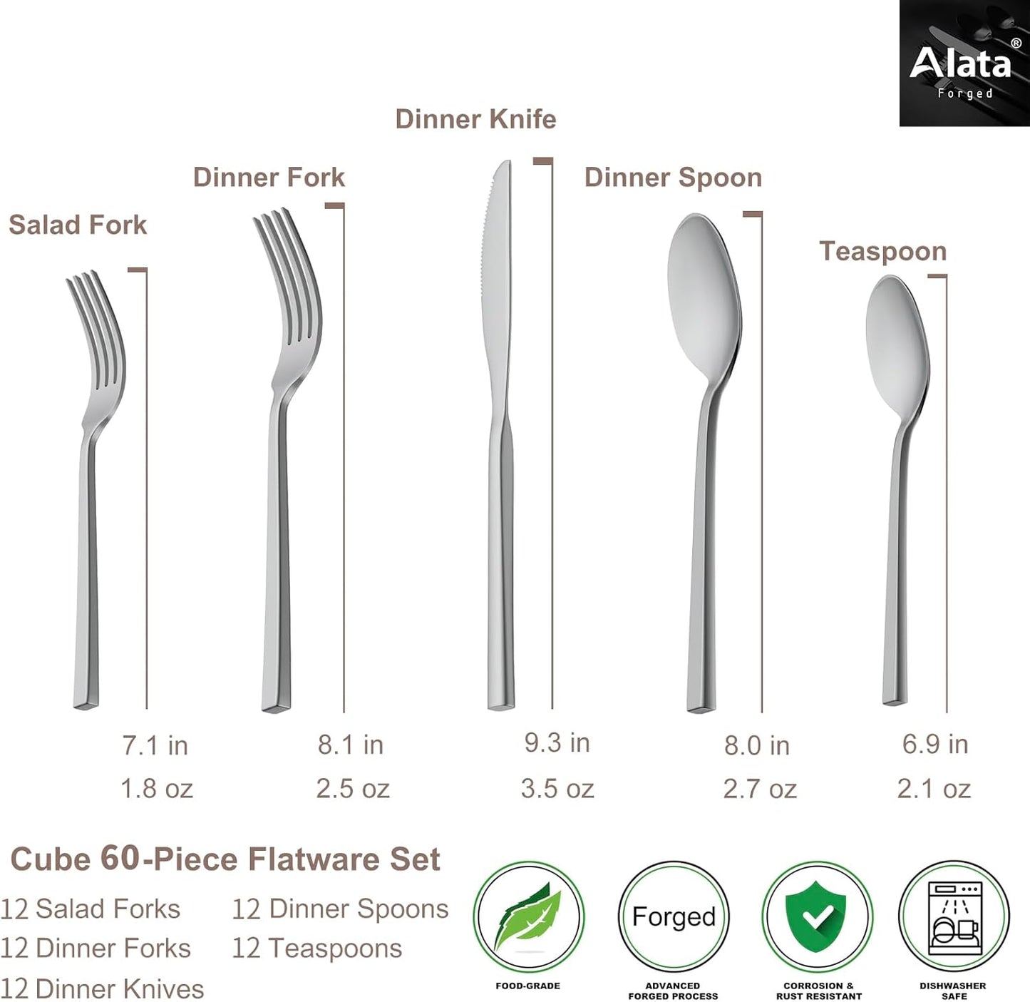 Alata Cube 60-Piece Forged Stainless Steel Flatware Set Cutlery Set, Silverware Set Service for 12, Mirror Finish, Dishwasher Safe