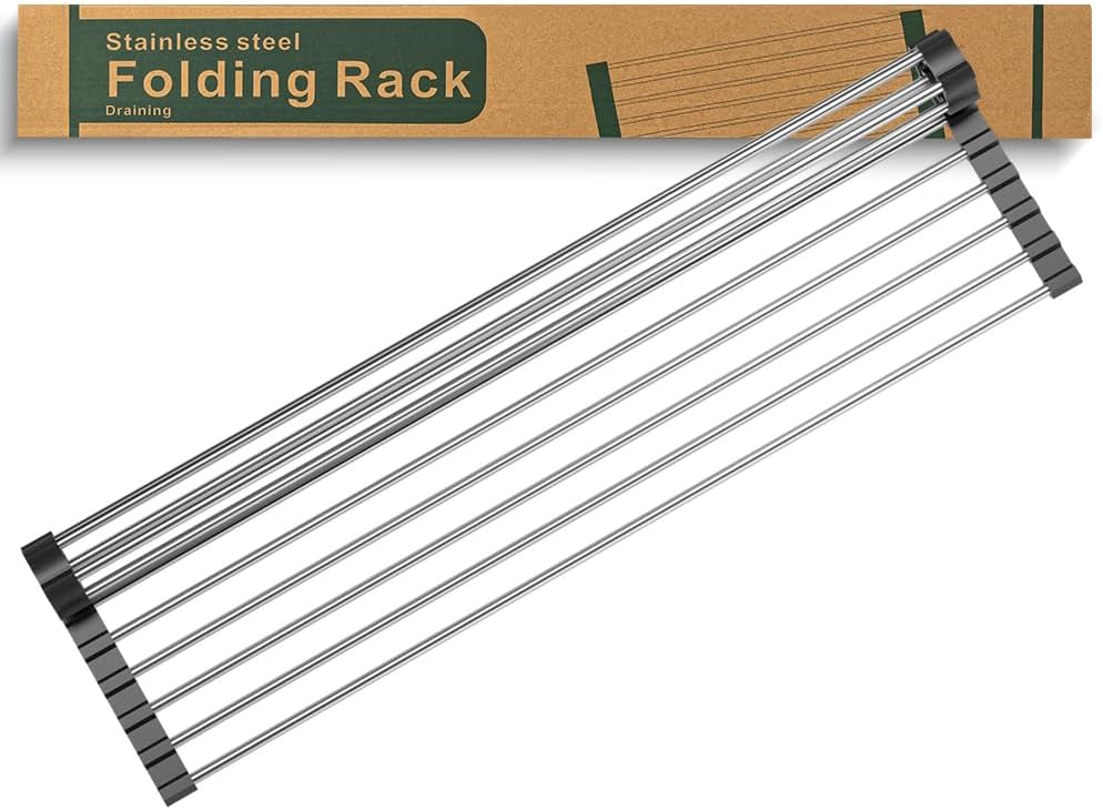 Roll Up Dish Drying Rack, Stainless Kitchen Accessories, Foldable Dish Rack, Anti-Slip Design Sink Counter Storage, Over The Sink Dish Rack, Stainless Steel, (21" x 9.1")