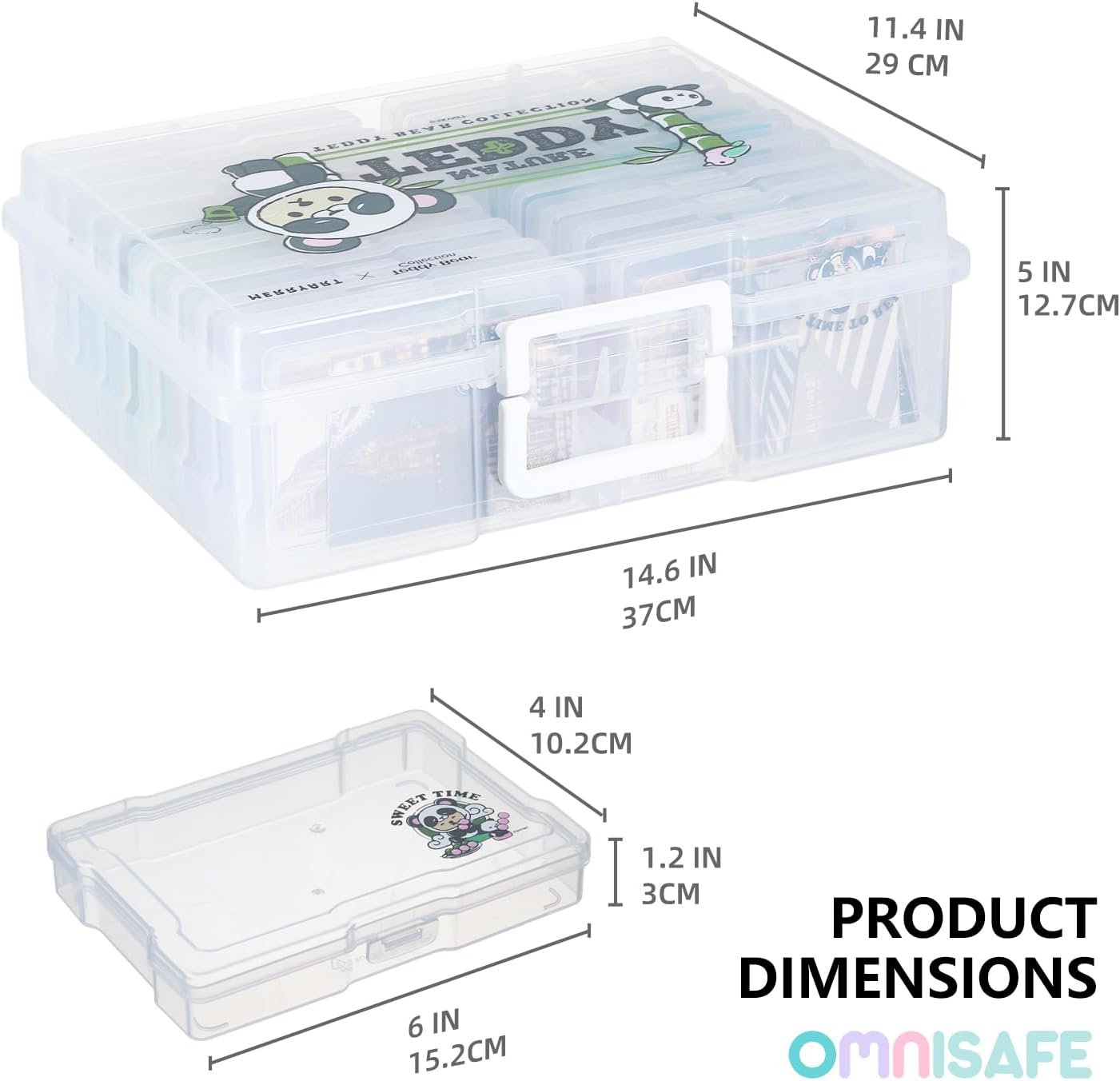 OMNISAFE 4x6 Photo Organizer Cases, Teddy Bear 16 Pack Plastic Craft Storage Container, Box for Pictures, Crafts, Scrapbooking, Transparent Photo Keeper with Handle (Panda Brown)