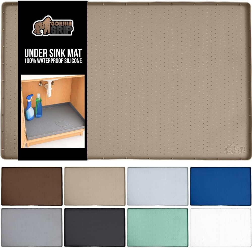 GORILLA GRIP Waterproof Silicone Under Sink Mat with Raised Lip for Kitchen and Bathroom, 28 x 22 in, Cabinet Shelf Liner Stay in Place Mats Dishwasher Safe Drawer Liner, Organizer Tray, Beige