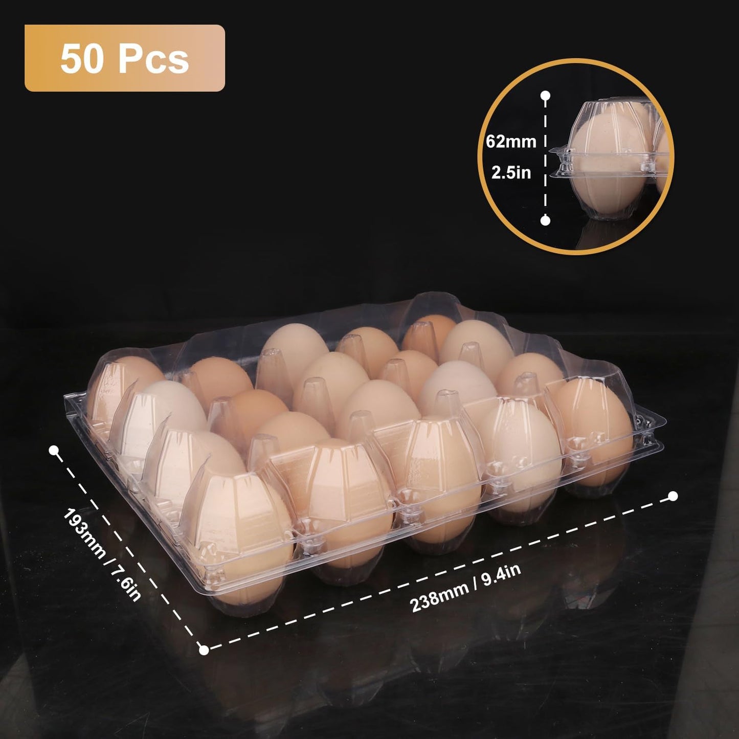 50 Pack Bulk Egg Cartons, Clear Plastic Chicken Egg Holders, Egg Tray Carton Holder for Home & Kitchen, Farm & Market Use, An Eco-Friendly Egg Storage Solution, 20 Grids(Medium Size)
