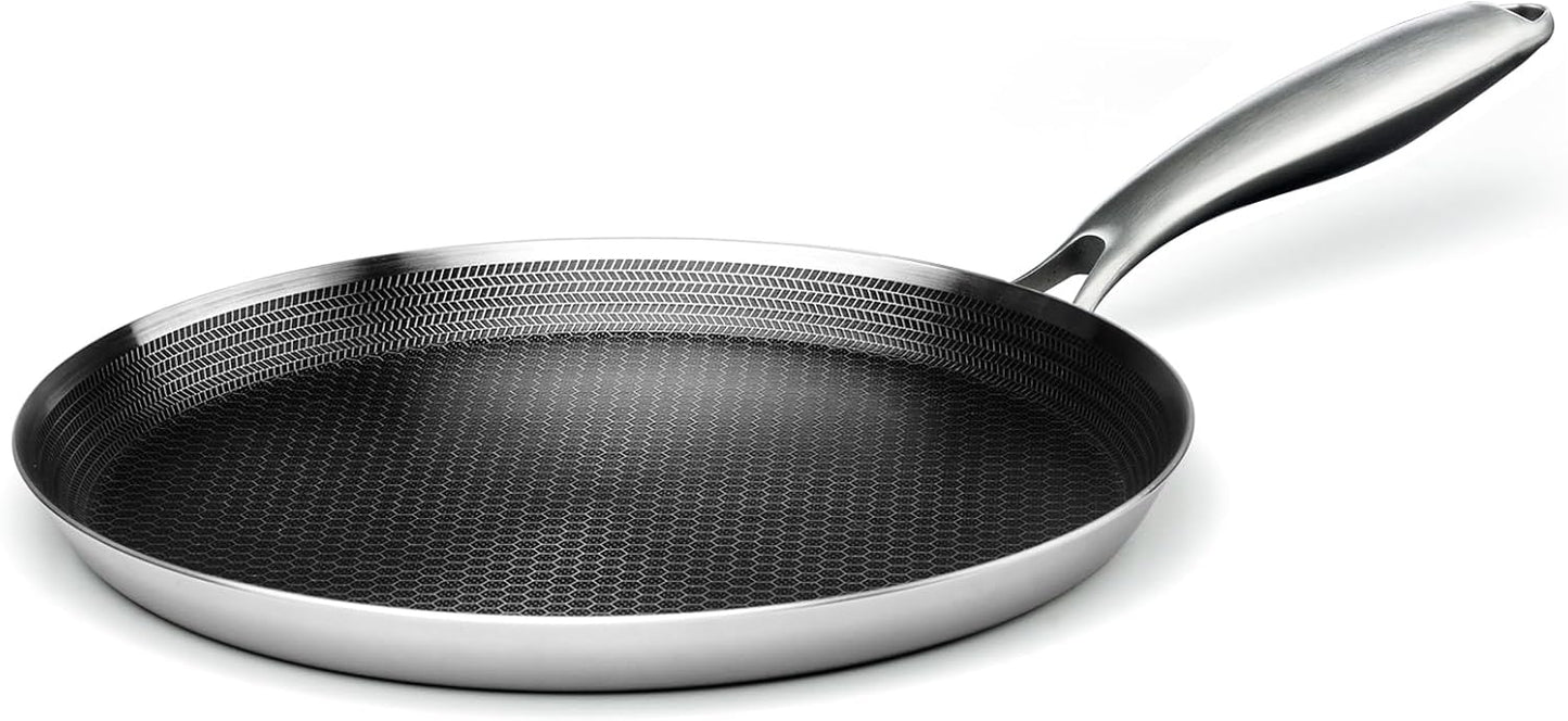 Stainless Steel Crepe Pan - 11inch Nonstick Crepe Pan, Stainless Steel Honeycomb Coating Pancake Pan, Non Stick Flat Skillet Tawa Dosa Tortilla Griddle Pan, Induction Compatible, PFOA Free