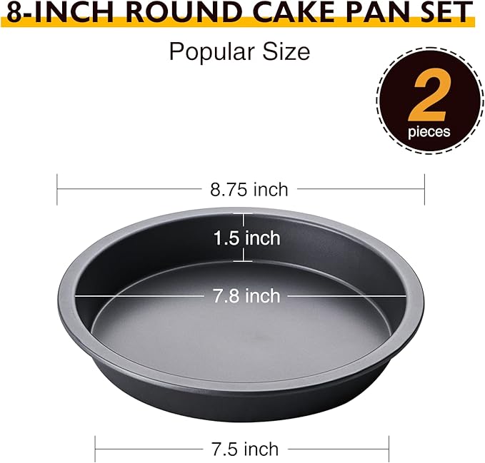 HONGBAKE Round Cake Baking Pan, 8 Inch, Shallow Cookie Pans, Layer Cake Pans with Wider Grips, Nonstick Circle Pizza Tin, Huty Duty, Dishwasher Safe, 2 Pieces- Grey