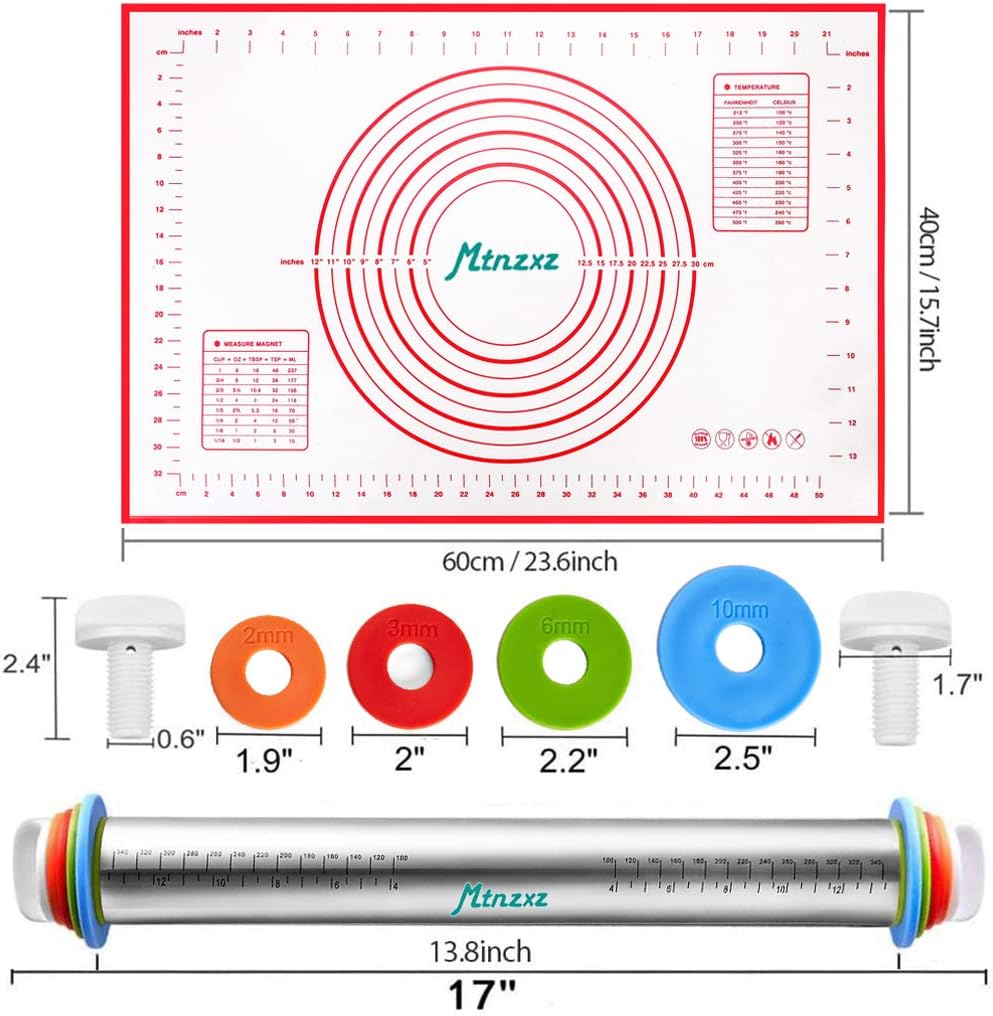 Rolling Pin and Silicone Baking Pastry Mat Set, Stainless Steel Dough Roller, Rolling Pins with Adjustable Thickness Rings, for Baking Fondant, Pizza, Pie, Pastries, Pasta, Cookies