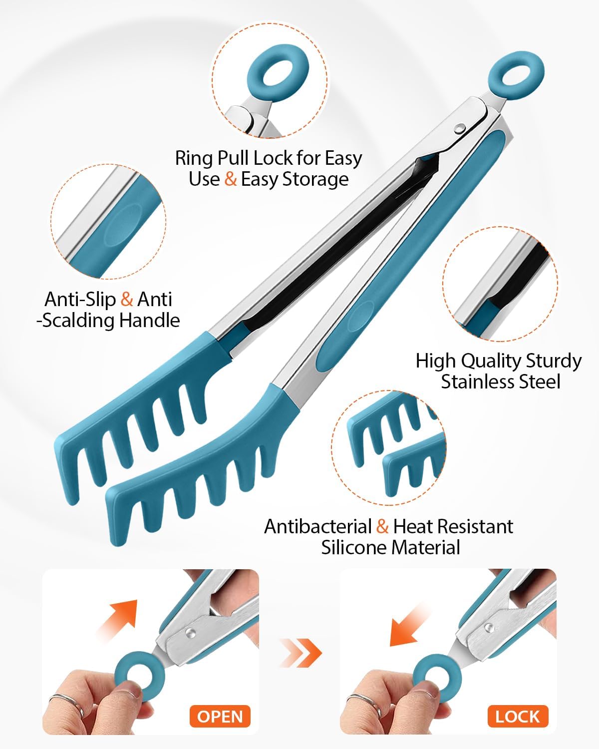 Silicone Spaghetti Spoon & Pasta Tong With Pasta Measurer, 3 Pack of Non-Stick Stainless Steel Handle Pasta Fork Set with Teeth, Food Clip for Easy Serving of Noodles (BLUE)