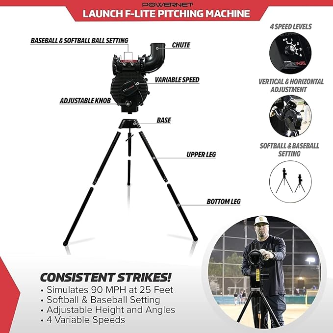 PowerNet Launch F-lite Softball & Baseball Pitching Machine, Dimpled Practice Balls, Bucket of Baseballs, Coaching Bucket Bundle for Pitching Machine, Baseball Training Equipment