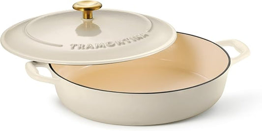 Tramontina Bestow Enameled Cast Iron Braiser Pan with Lid, 4-quart, Latte with Gold Knob