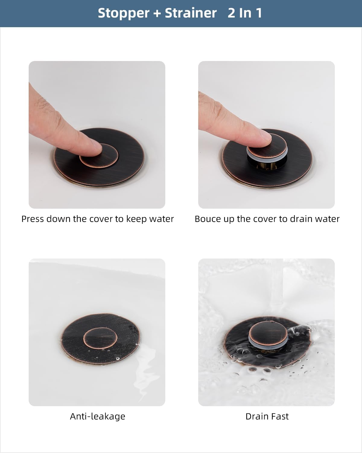 Hibbent 2 Pack All Metal Universal Bathroom Sink Stopper for 1.1''~2.3'' Basin, Pop Up Sink Drain Strainer, Brass Core Push Type Stopper, Stainless Steel Anti Clogging Drain Filter, Oil-Rubbed Bronze