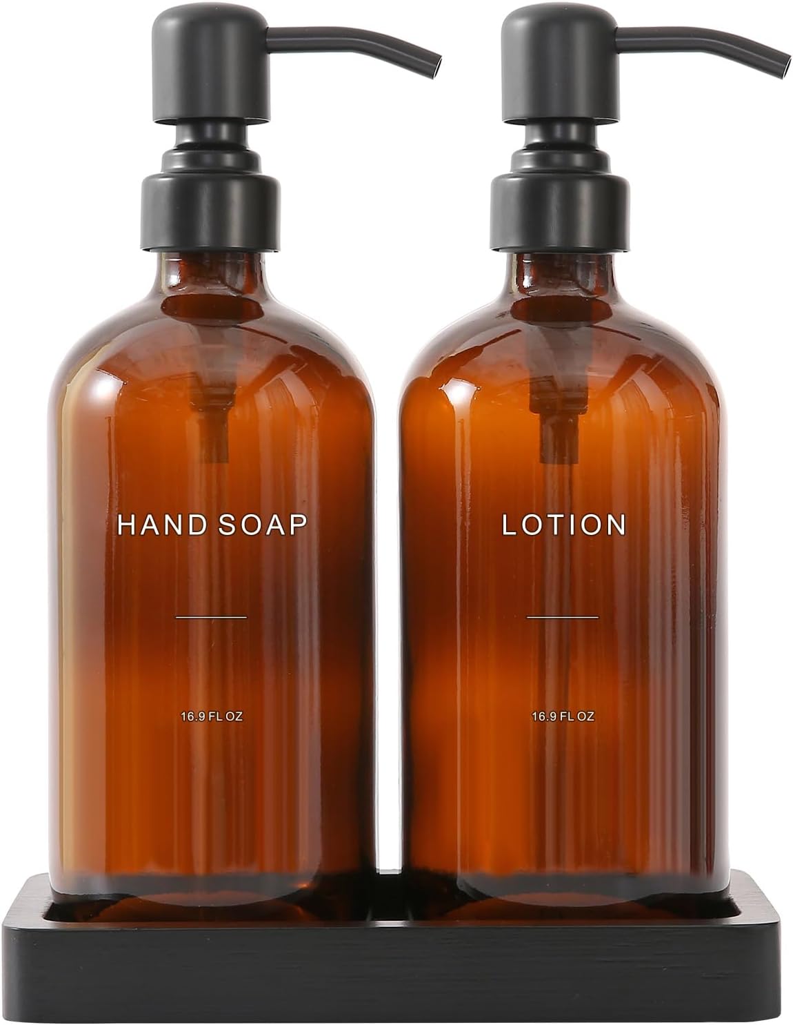 Amber Glass Soap Dispenser Set, Hand Soap and Lotion Set with Black Stainless Steel Pump, Perfect for Modern Bathroom Decor. (Amber)