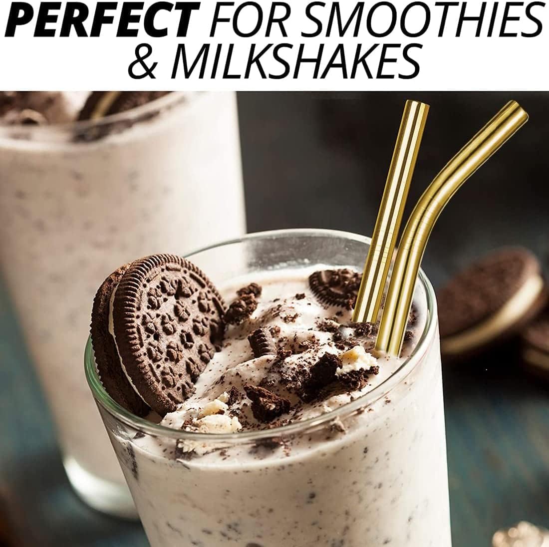 Vinaco 8.5" and 10.5" Big Smoothie & Milkshake Straws, 4 Pack Food-Grade Stainless Steel 0.4" Wide Mouth for Thick Drinks, Gold Metal Reusable