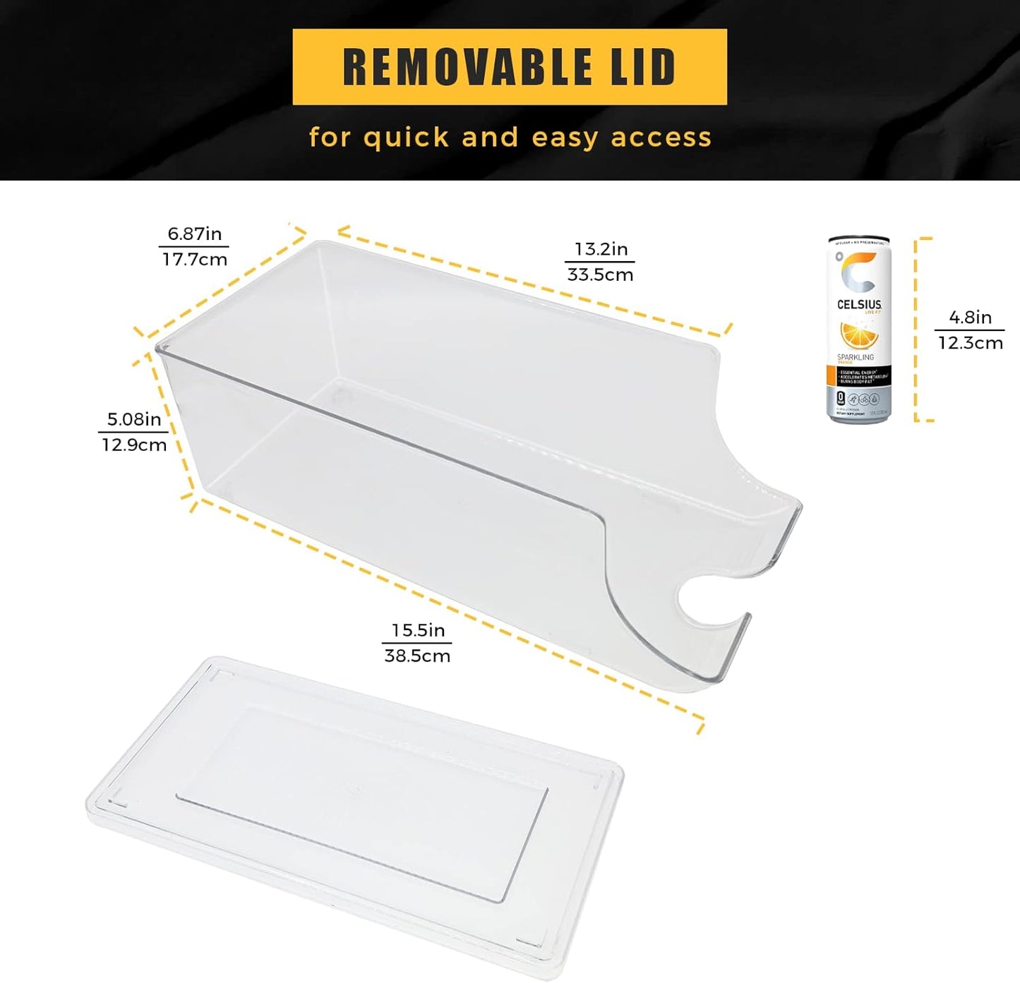 Skinny Can Organizer for Refrigerator, Stackable Tall Skinny Soda Pop Can Holder Dispenser with Lid for Fridge Pantry Rack Freezer, Clear Plastic Storage Bins-Holds 12 Slim Cans (See-through)