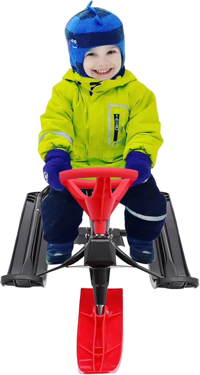 Snow Racer Sled with Steering Wheel and Brakes, Durable Steel Frame, Downhill Steerable Sled for 220 LBS Kids, Teenagers, Adults