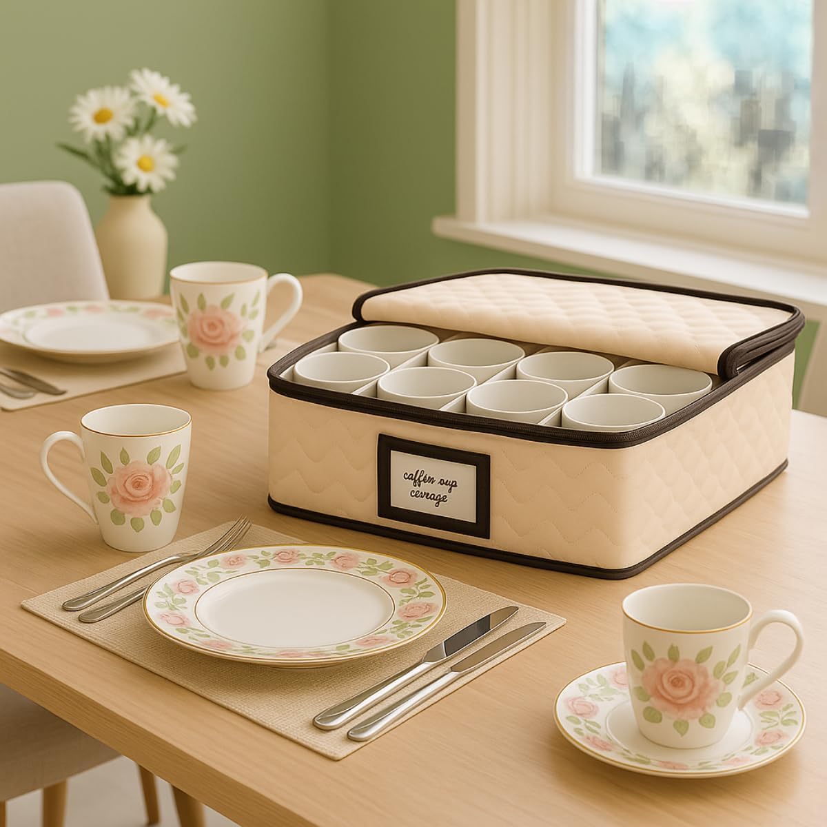 Mugs Storage Container - Quilted Microfiber China Organizer Box with Dividers , Protects & Organizes Up to 12 Mugs - Ideal for Seasonal Dishware Protection