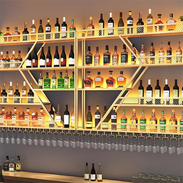 63in Metal Wine Rack Wall Mounted, Modern Wine Storage Rack Wall Mounted with Wine Glass Holder, Liquor Shelf, Bar Shelves for Liquor Bottles (4 Tiers Black, 63 * 7.87 * 48.5INCH)