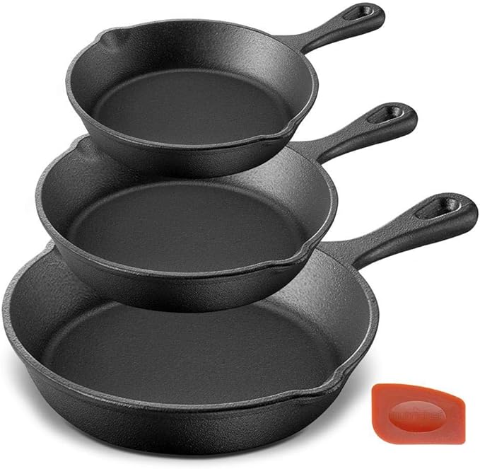 NutriChef Pre-Seasoned Cast Iron Skillet Pans - 3 Pieces Kitchen Frying Pan Nonstick Cookware Set w/Drip Spout - Includes Scraper - Electric Stovetop, Induction, Gas Range, Ceramic - NutriChef NCCI76