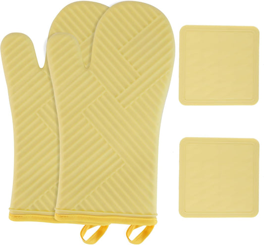 Set of 4 Oven Mitts and Pot Holder Heavy and Tall Kitchen Cotton Gloves Lined Towelcloth, Gloves Length 40cm, Pot Holder Width 20cm Diameter Round… (Yellow Silicone)