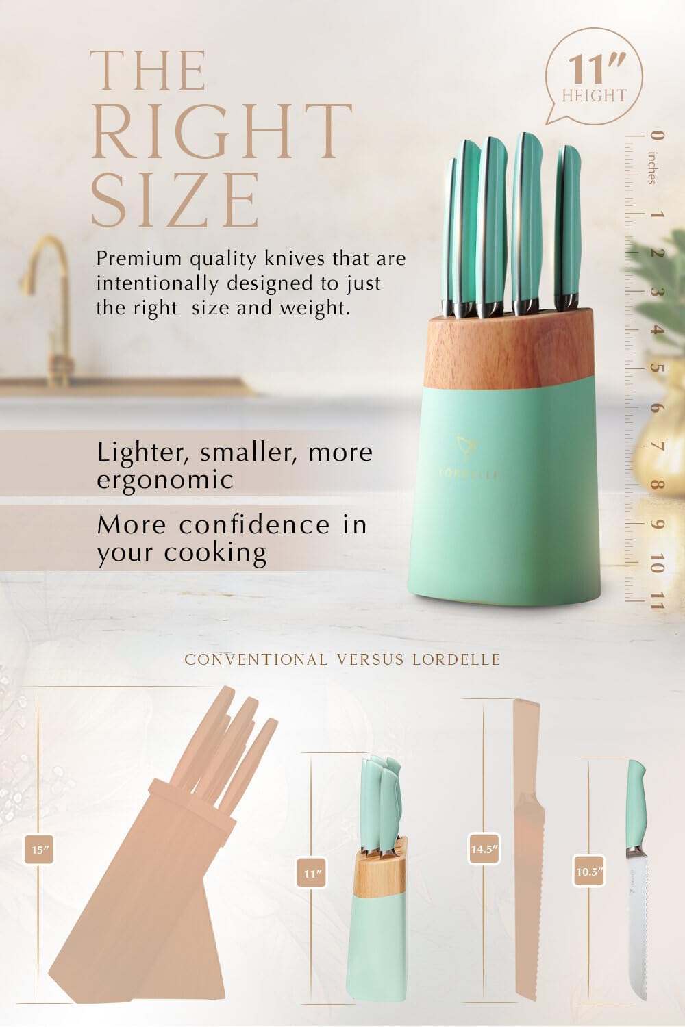 Lordelle Knife Block Set - 5 Piece Set - Coastal Green - Lifestyle Home Kitchen Design - German X50 Stainless Steel - ABS Handle - Ash Wood Block - Cooking Chef Knife, Santoku, Paring, Utility