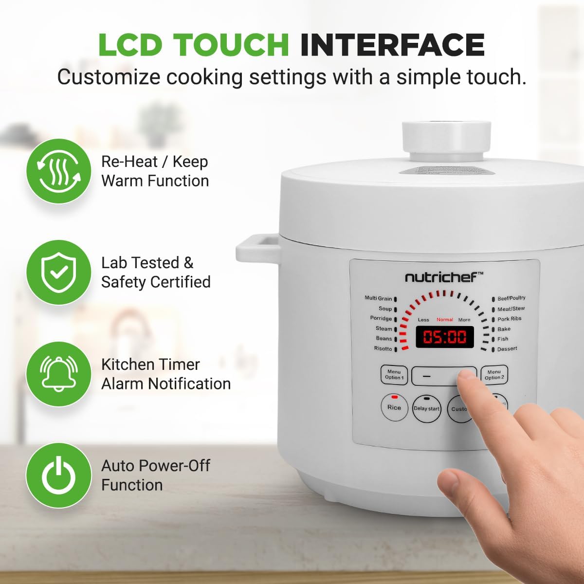 NutriChef Electric Pressure Cooker 6 Quart Capacity | 9 Function Digital Countertop Pressure Cooker | Adjustable Time & Temperature | Cook, Bake, Steam, Broil, & Braise | 13.1 x 11.4 IN | White