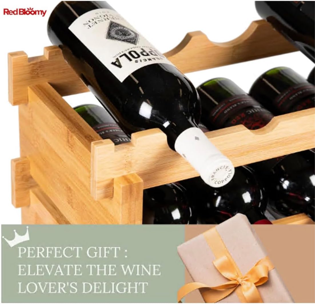 Stackable Bamboo Wine Rack for 72 Bottle, 8-Tier and Sturdy, Free Standing, Modular Wine Storage, Wine Bottle Storage for Cellar, Kitchen and Dining Room (18 Bottle)