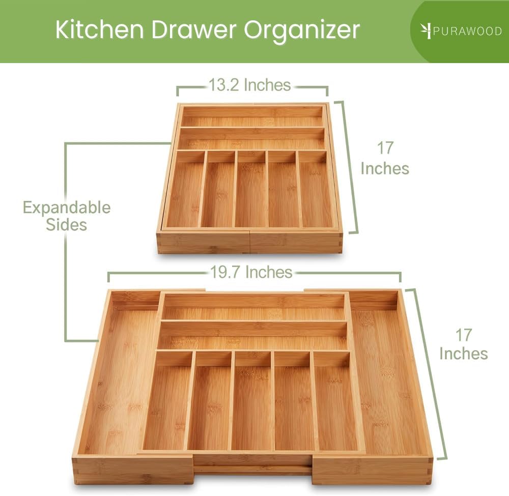 Bamboo Drawer Organizer, 2 Pack - Expandable Silverware Organizer & Utensil Drawer Organizer, Cutlery Tray with Dividers, 7-9 Slots - Premium Kitchen Organizer for Utensils & Flatware (Natural)