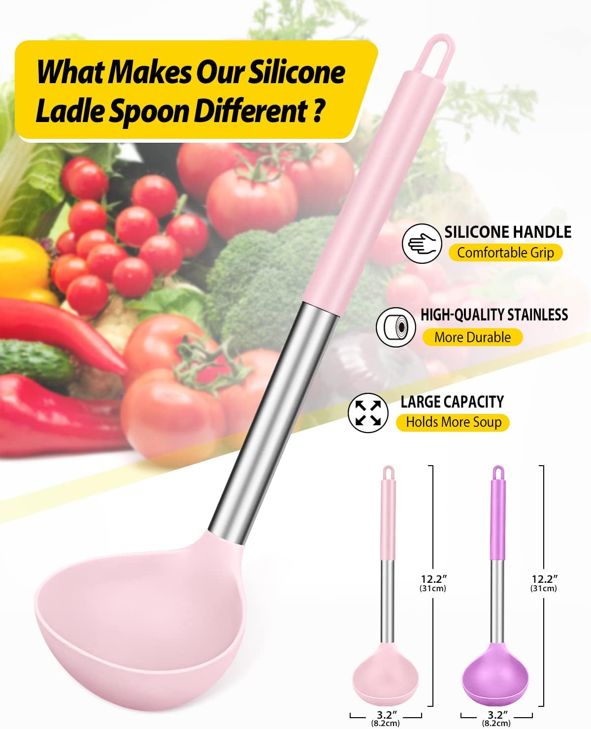 Pack of 2 Ladle Spoon,Silicone Large Spoon for Soup,Non Stick Kitchen Utensils with High Heat Resistant,BPA Free Perfect Kitchen Tools for Cooking, Stirring,Serving Soups (PINK-PURPLE)