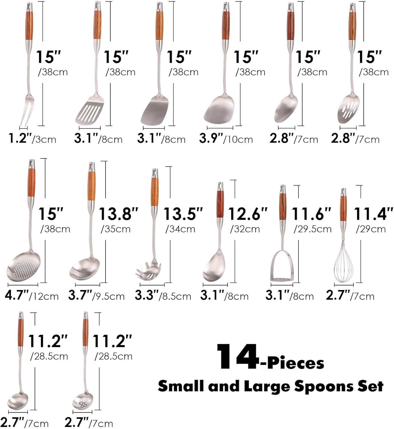 18/10 Stainless Steel Kitchen Utensils Set with Wooden Handle - 14 PCS Metal Cooking Tools & Serving Utensil, Large and Small Spoons Set - Whisk, Masher, Fork, Spatula, Turner, Ladle, Skimmer, Pasta