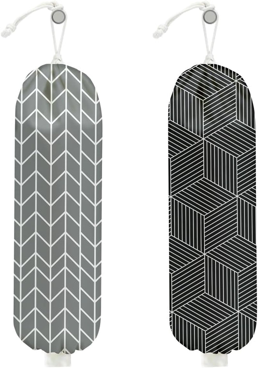 2Pcs Gray Geometric Lines Plastic Bag Holder, Wall Mount Grocery Bag Holder for Plastic Bags, Black Cube Abstract Art Reusable Organizer Grocery Bags with Drawstring for Kitchen Home Pantry
