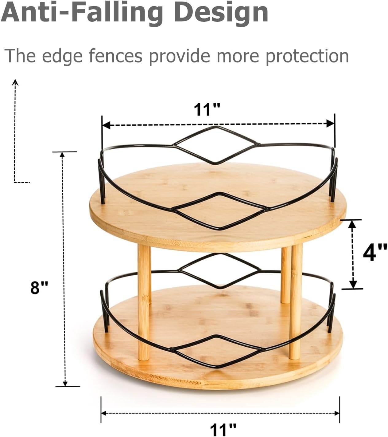 Yopay Lazy Susan Organizer 2 Tier, Bamboo Rotating Spice Rack for Kitchen Countertop Cabinet, Spinning Makeup Turntable Organizer with Steel Side for Vanity, Dining Table, Pantry, Condiments, 11 Inch