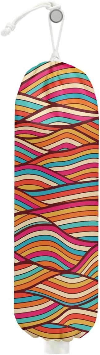 Abstract Wave Seamless Pattern Plastic Bag Holder, Wall Mount Grocery Bag Holder for Plastic Bags, Colorful Wavy Print Reusable Grocery Bags Storage Dispenser, Farmhouse Home Kitchen Decor