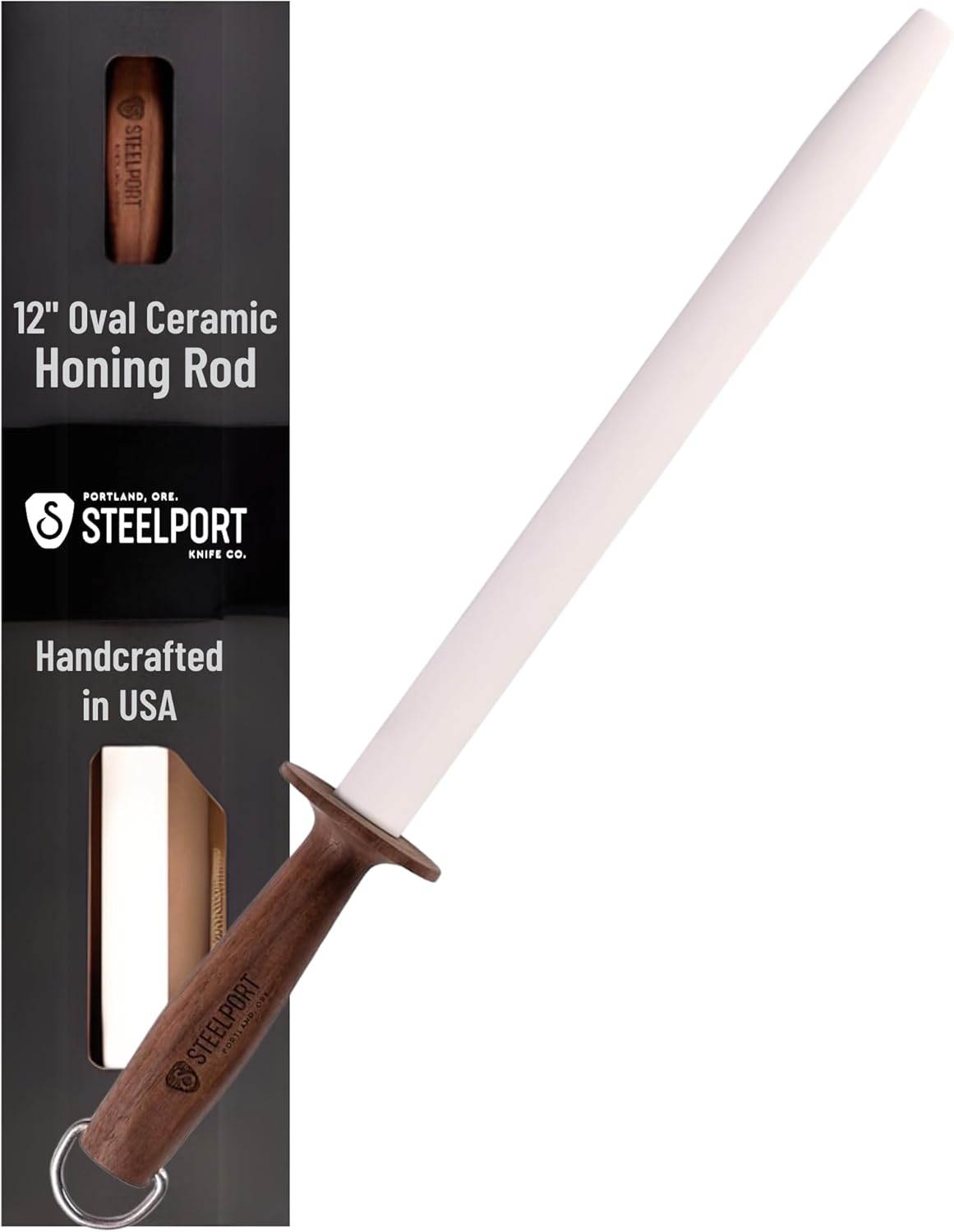 STEELPORT 12 inch Oval Ceramic Honing Rod | Professional Knife Sharpener Rod with Oregon Black Walnut Handle, Safety Guard | Premium Serrated Blade Sharpener For All Knife Types