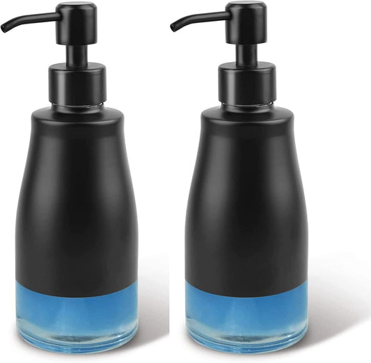 Dish Soap Dispenser with Stickers, 2 Pack Kitchen Dish Refillable Liquid Dispensers, Stainless Steel Case Glass Liner Soap Dispenser for Bathroom Kitchen, Matte Black (10 OZ./ 300ML)