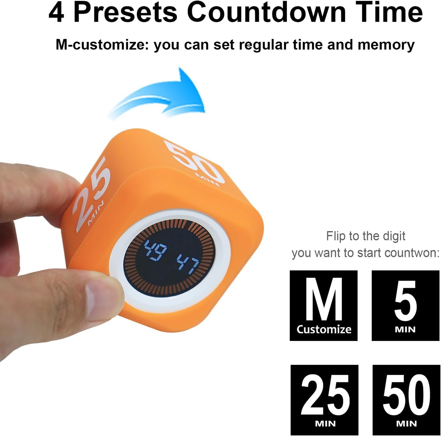 FCXJTU Rotating Pomodoro Cube Visual Timer 5, 25, 10 50 Minutes Preset, Rechargeable Desk Productivity Flip Timer w/Silicone Cover Custom Countdown, Silent Mode for ADHD, Study, Work, School(Blue)