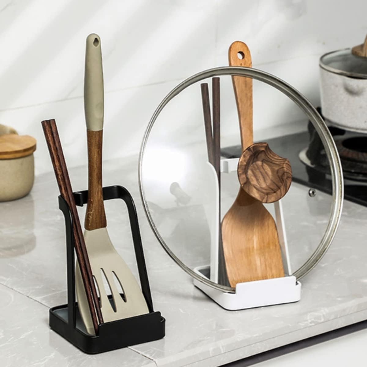 Spoon Rest and Lid Holder for Stove Top – Heat-Resistant Steel Organizer for Utensils, Lids, and Tongs – Drip Tray for Kitchen Counter