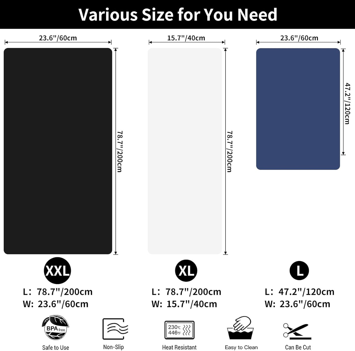Extra Large Silicone Mat, 78.7”x 23.6”Non-Slip Heat Resistant Mats, Thicken Kitchen Countertop Protector Mat, Cuttable Waterproof Protector Mat for Kitchen Counter or Crafts (Light Grey)
