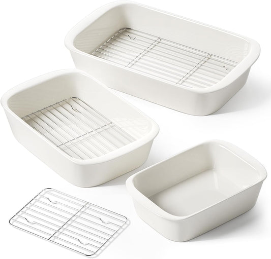LE TAUCI Deep Casserole Dishes for Oven, 13.7”x9.6” Ceramic Baking Dish Set with Roasting Racks, Large Lasagna Pans with Handles, Rectangular Bakeware as Gift for Mom, White (4.6QT/3.0QT/1.6QT), Set of 3