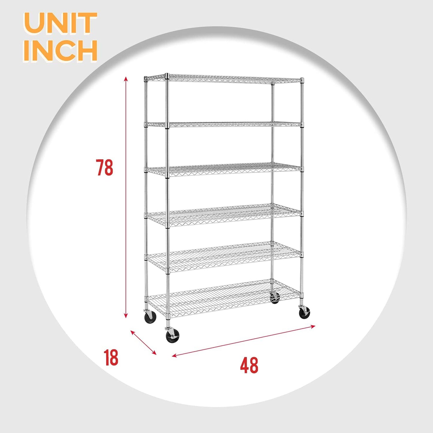 FDW 48 inch L×18 inch W×76 inch H Wire Shelving Unit Metal Shelf with 6 Tier Casters Adjustable Layer Rack Strong Steel for Restaurant Garage Pantry Kitchen Garage, Chrome