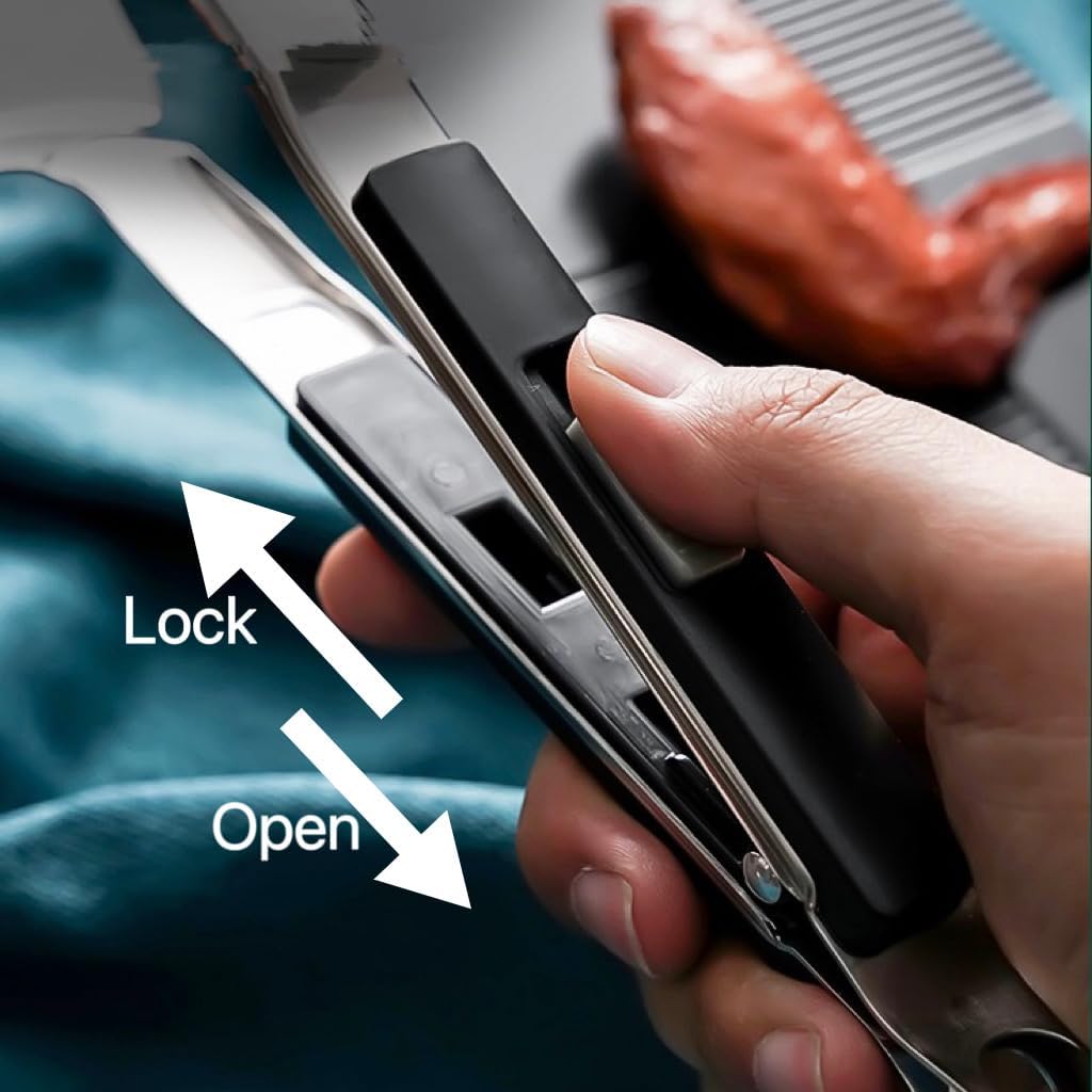 Kitchen Cooking Tongs 11.6 inch 304 Stainless Steel Grill Clamp Spatula for Flipping Bread Steak Fish Toast-Sliding Buckle Push Pull Design Barbecue Food Clip Black