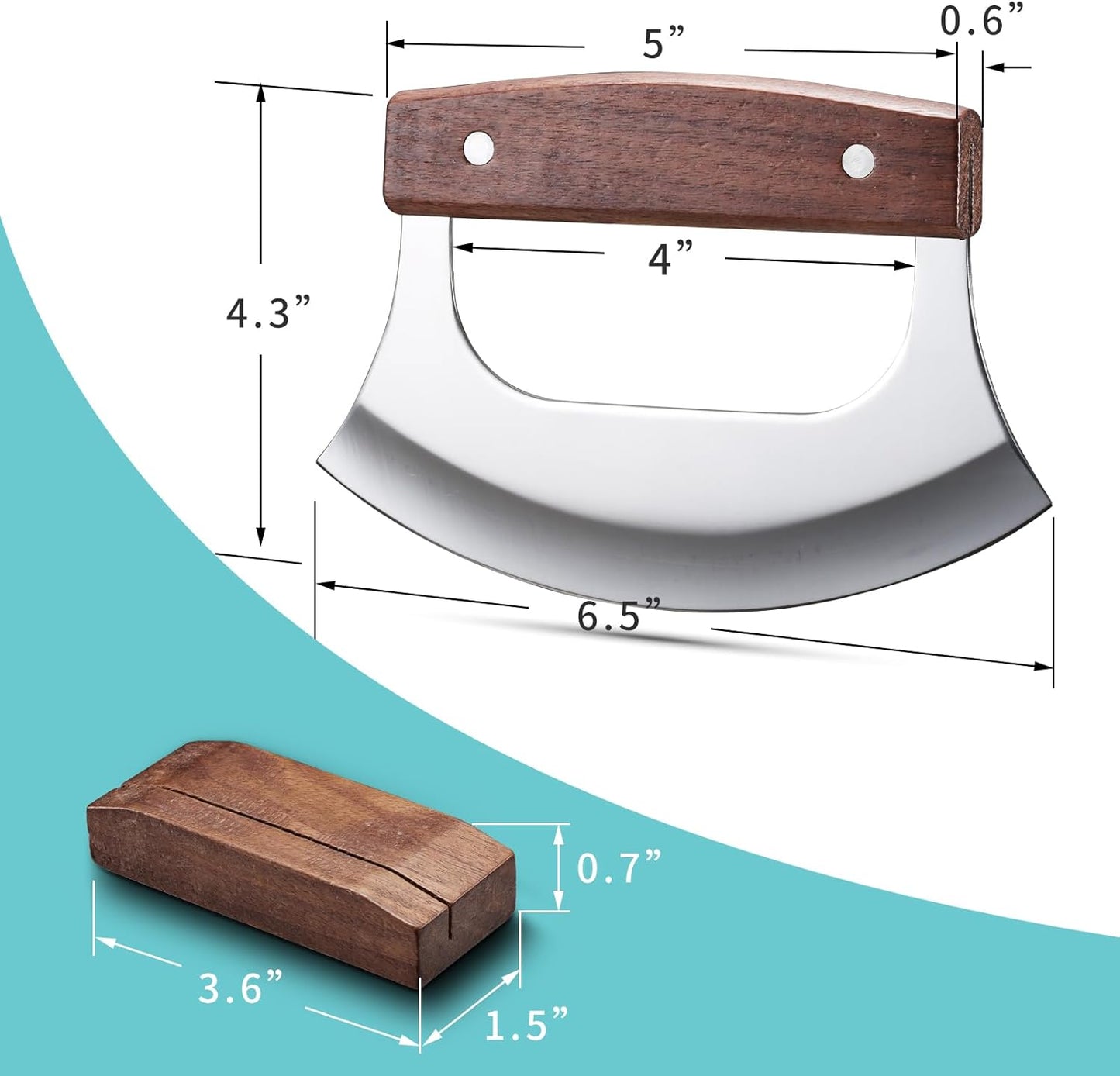 Ulu Knife - Sharp Rocker Mezzaluna Knife with Stand for Cutter Pizza, Meat, Vegetables, Herbs, Salad