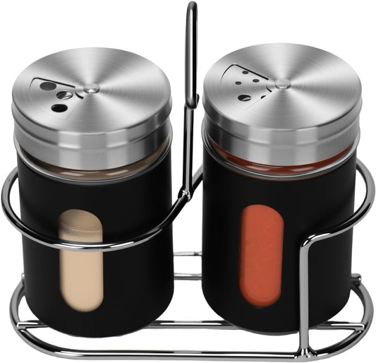 Glass Salt and Pepper Shaker Set with Seasoning Rack, Spice Rack, Adjustable Pour Hole Stainless Steel Lid, 2.8 oz, Spice Dispenser for Salt, Pepper, Spice Preservation (black)