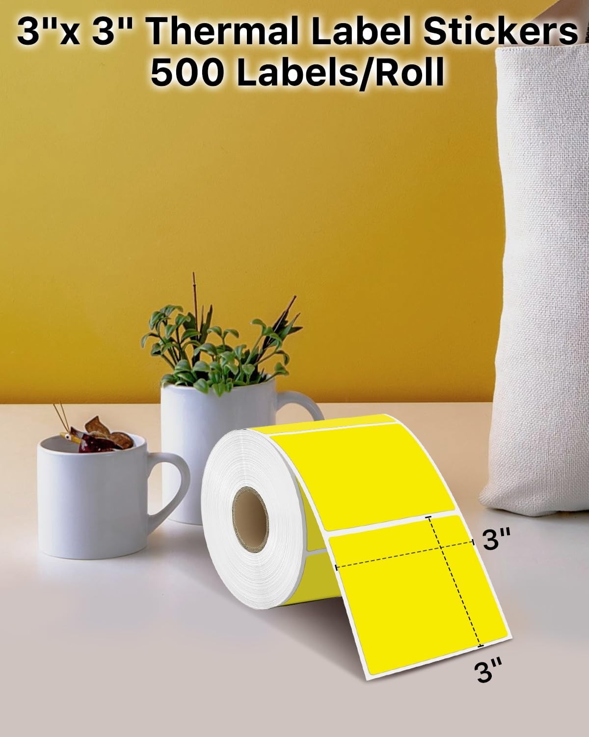 iEager Yellow Square Thermal Label Stickers, 3" x 3" Self-Adhesive Square Direct Thermal Labels with Perforation Line, 500 Sheets/Roll